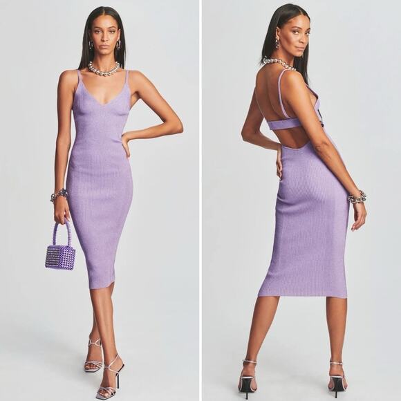 Retrofete Dresses & Skirts - RETROFETE Amster Rib Knit Midi Dress Metallic Lilac Purple Bandage Large NEW